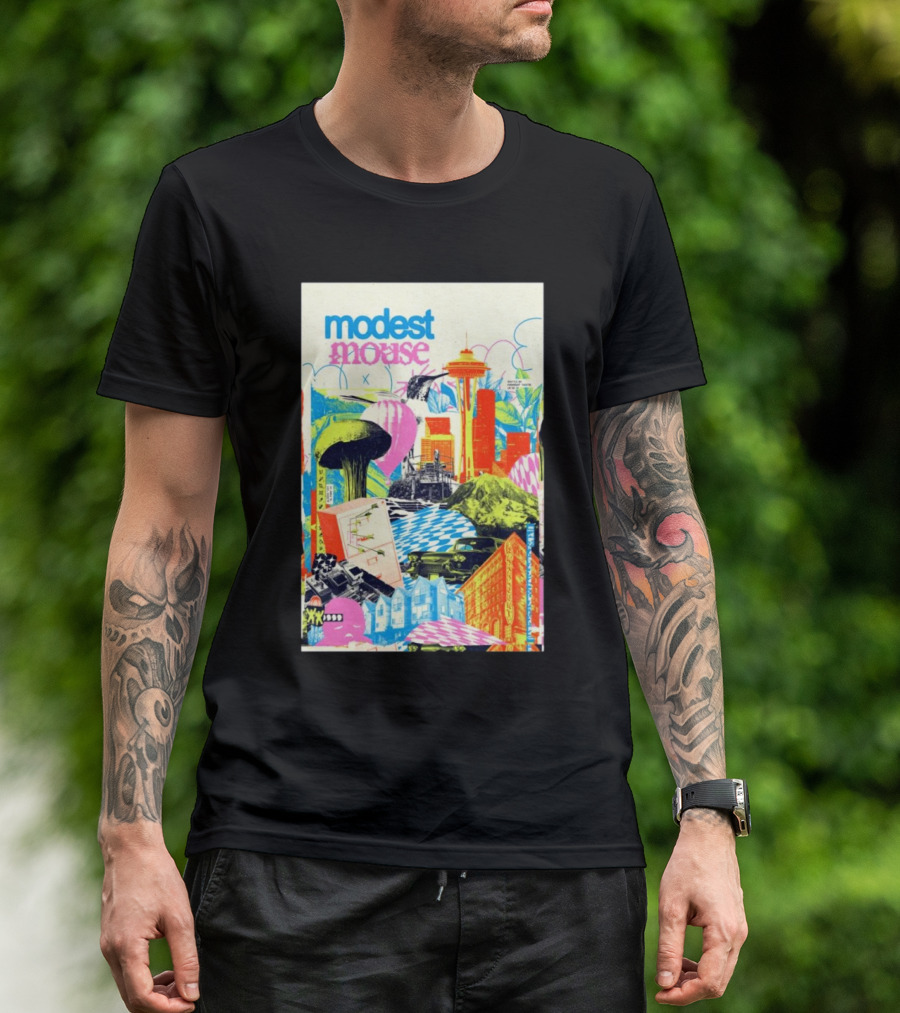Modest Mouse October 30 2024 Paramount Theatre Seattle WA Colorful Cityscape With Space Needle T-Shirt