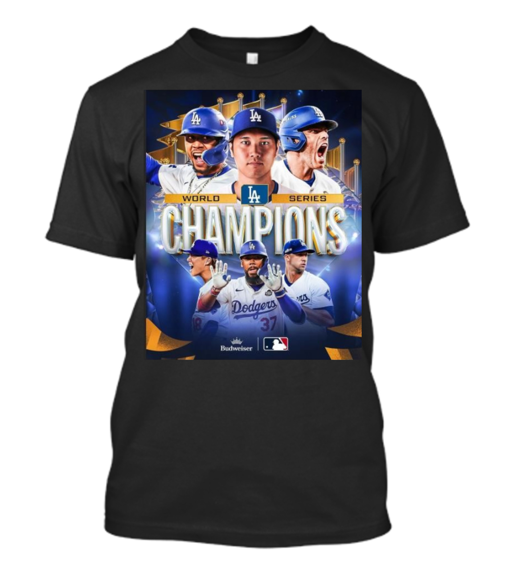 Los Angeles Dodgers 2024 World Series Champions With Players And Budweiser MLB T-Shirt