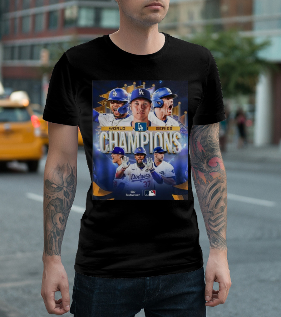 Los Angeles Dodgers 2024 World Series Champions With Players And Budweiser MLB T-Shirt