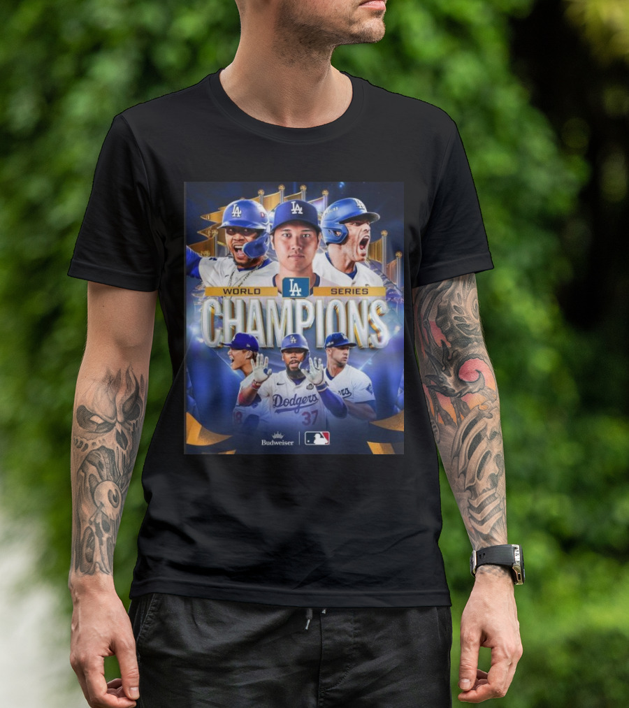 Los Angeles Dodgers 2024 World Series Champions With Players And Budweiser MLB T-Shirt