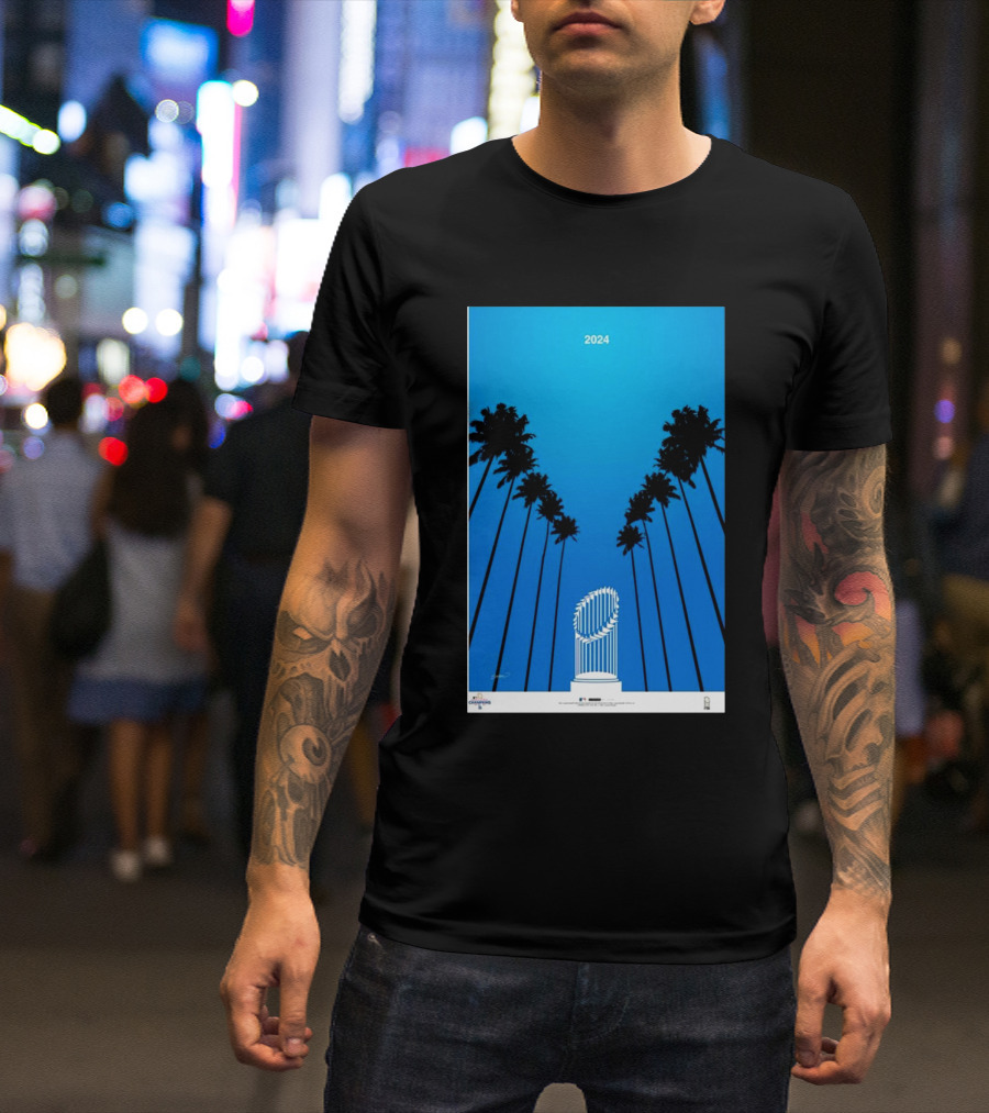 Los Angeles Dodgers 2024 World Series Champions Minimalist Poster With Trophy And Palm Trees T-Shirt