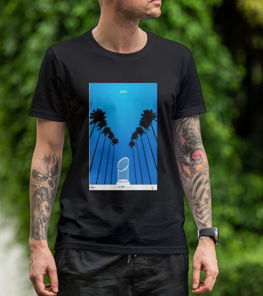 Los Angeles Dodgers 2024 World Series Champions Minimalist Poster With Trophy And Palm Trees T-Shirt