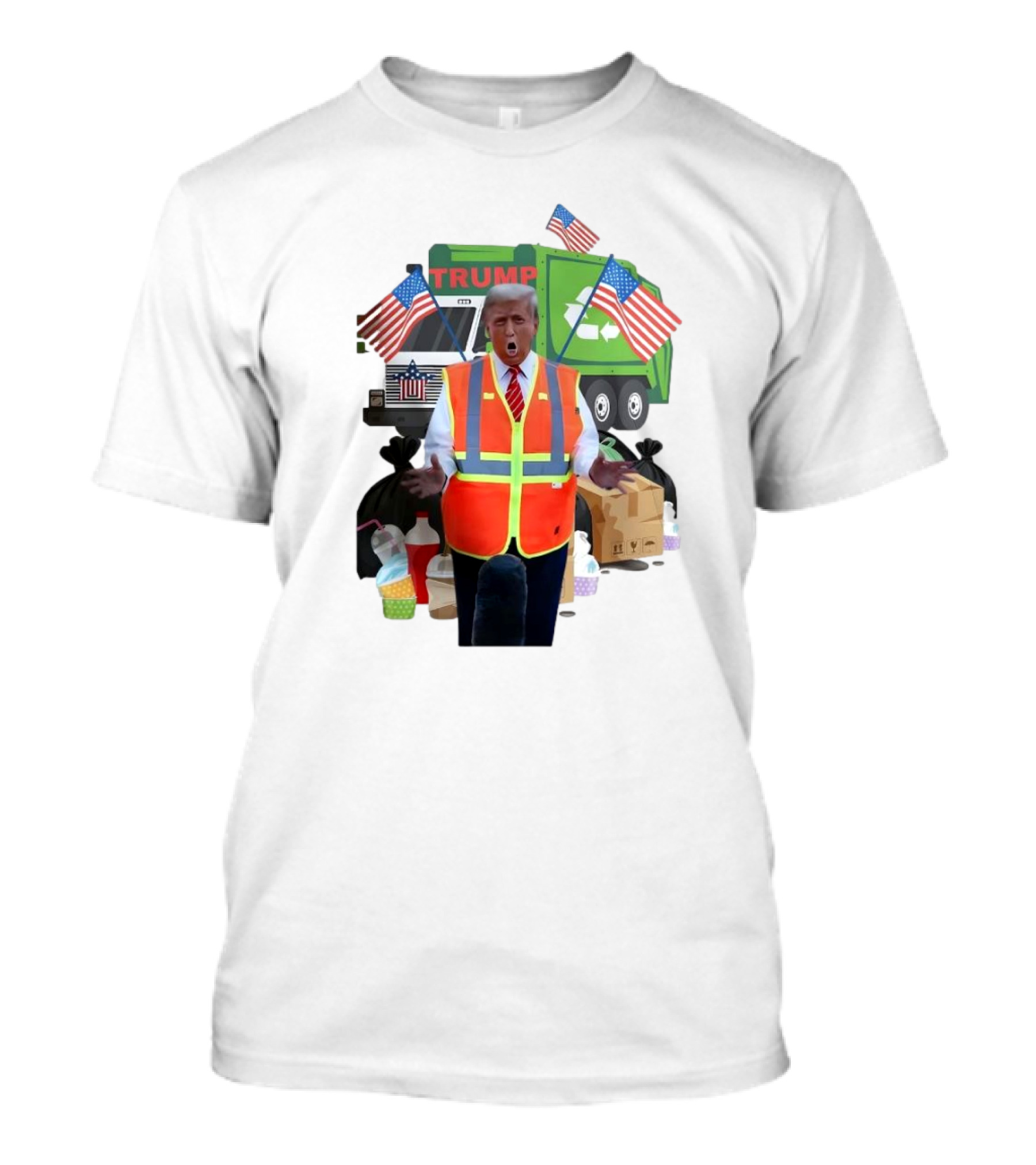 Trump Riding In A Trump Garbage Truck With American Flags Trump In Trash Truck T-Shirt