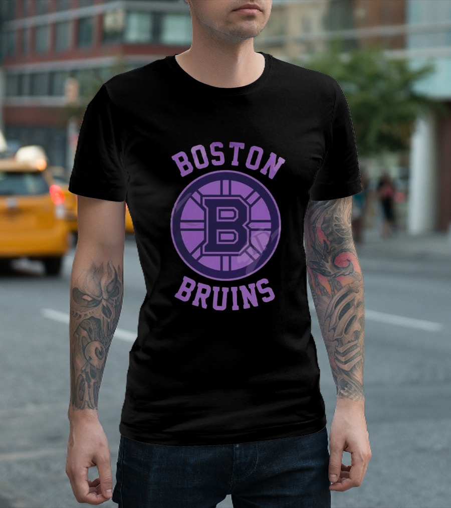 Boston Bruins Purple Logo Hockey Fights Cancer 25th Anniversary T-Shirt