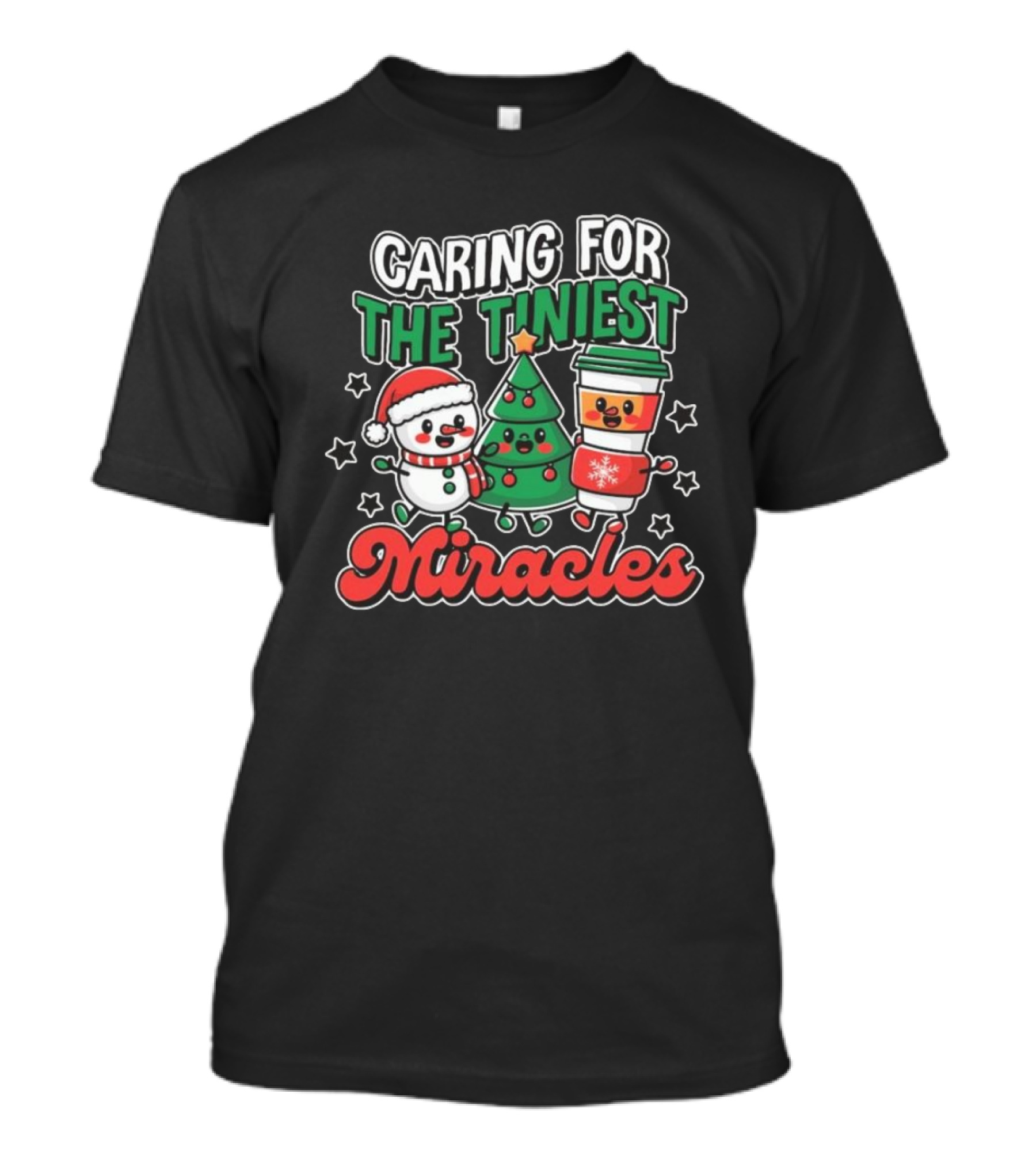 Caring For The Tiniest Miracles Christmas 2024 Snowman Tree Holiday Icons T-Shirt