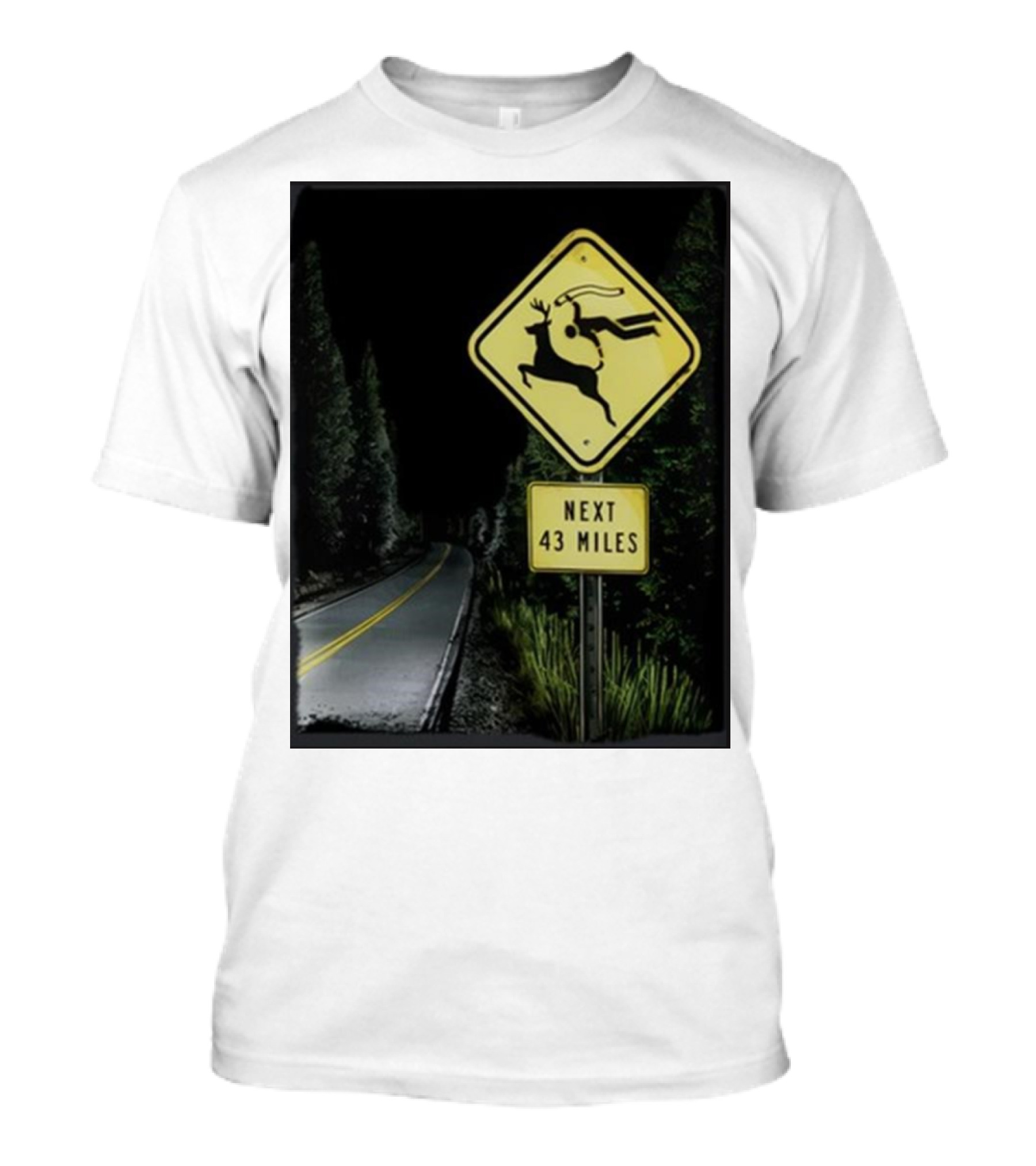 Gamersupps Deer Dive Next 43 Miles Warning Sign Forest Road Scene T-Shirt