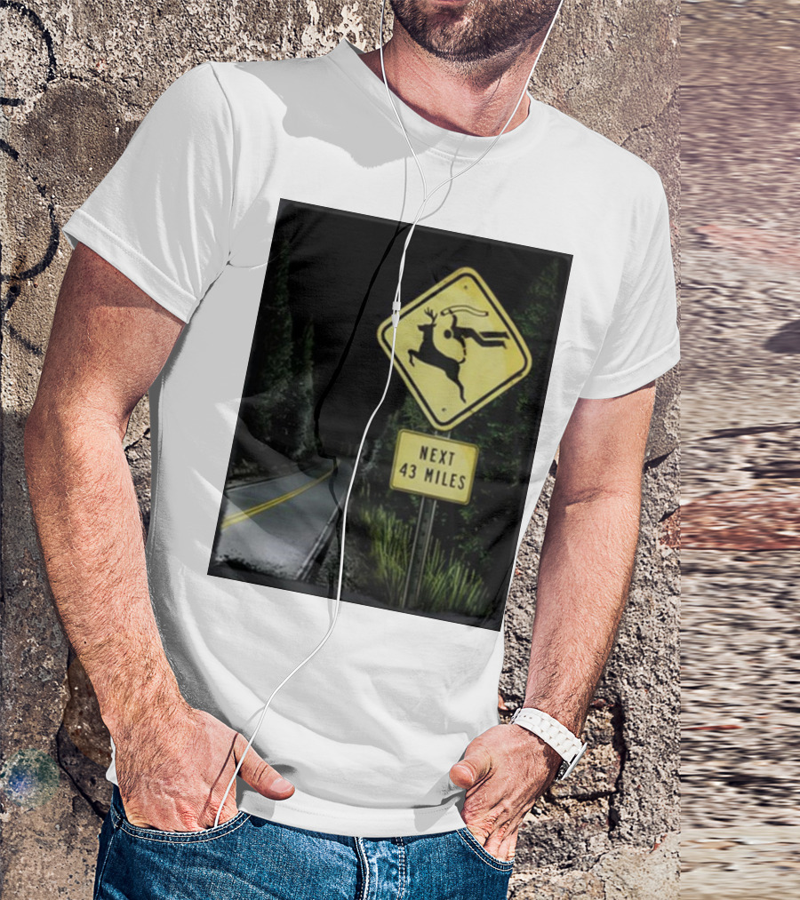 Gamersupps Deer Dive Next 43 Miles Warning Sign Forest Road Scene T-Shirt