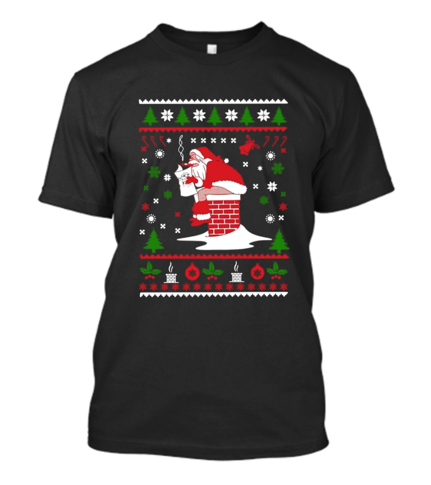 Santa Pooping Down Chimney Ugly Christmas Sweater 2024 Decor With Trees And Snowflakes T-Shirt