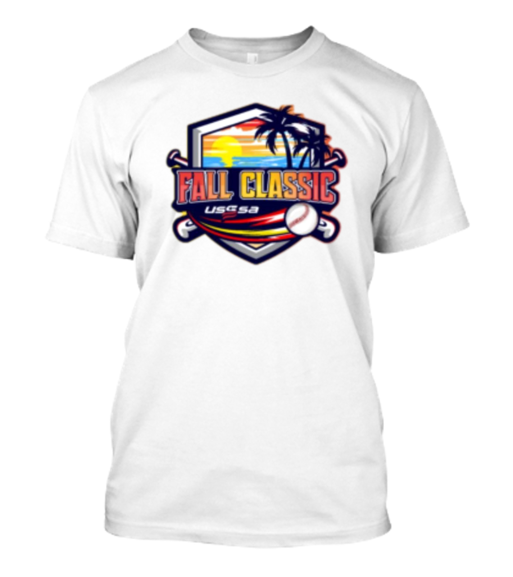 USSSA 3rd Annual Fall Classic Rings And Double Points Nov 1-3 2024 Baseball Event Logo With Sunset And Palm Trees T-Shirt