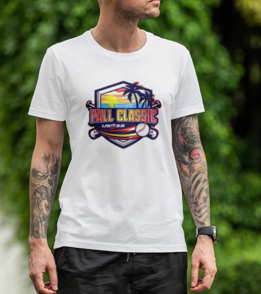 USSSA 3rd Annual Fall Classic Rings And Double Points Nov 1-3 2024 Baseball Event Logo With Sunset And Palm Trees T-Shirt