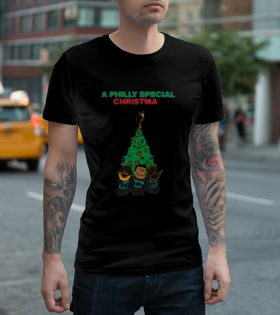 A Philly Special Christmas Tree with Characters and Santa Hat T-Shirt