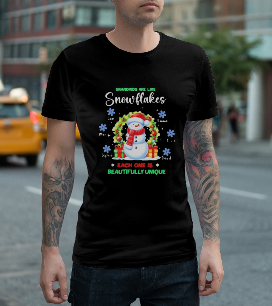 Grandkids Are Like Snowflakes Each One Is Beautifully Unique Christmas Personalized Names Snowman Wreath T-Shirt