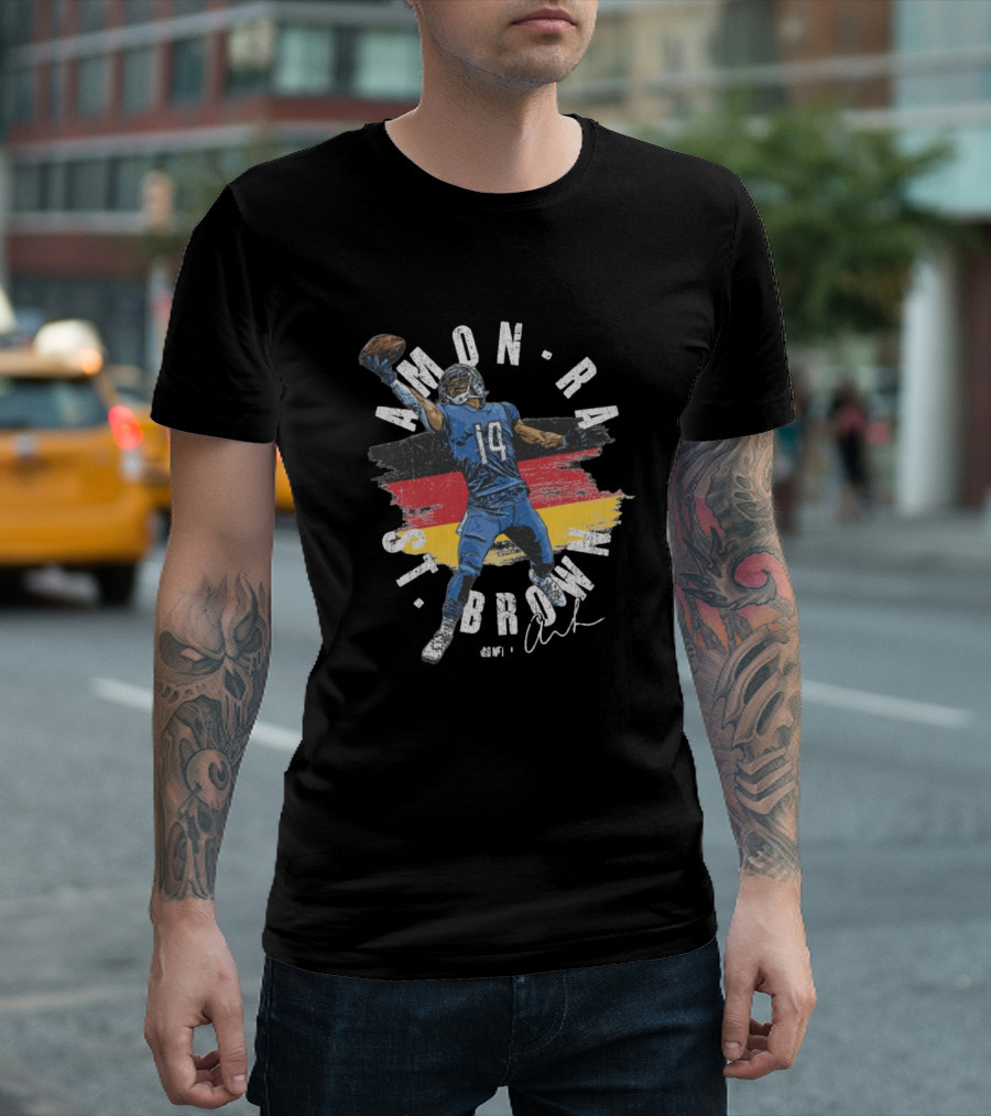 Amon-Ra St. Brown Detroit Lions NFL Germany Flag 14 Signature T-Shirt