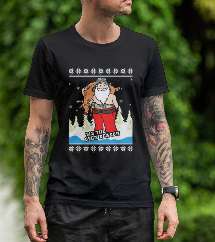 Hunting Santa Tis The Open Season Camouflage Ugly Christmas Sweaters T-Shirt