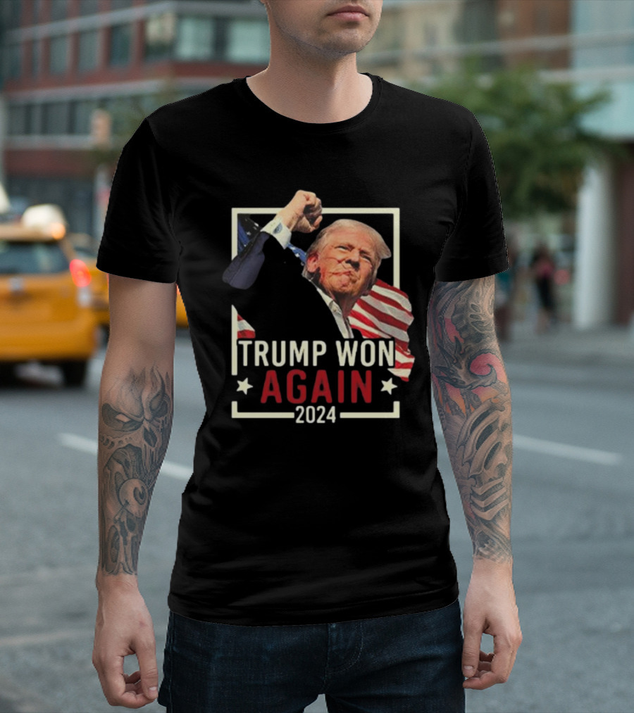 Trump Won Again 2024 Fight Vintage Style Fist Raised USA Flag T-Shirt