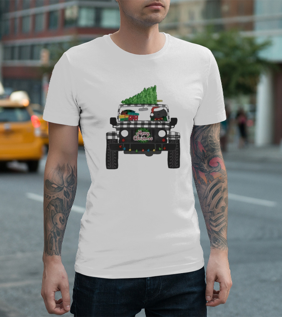 Merry Christmas Black Buffalo Plaid Jeep with Cartoon Labradoodle and Tree T-Shirt