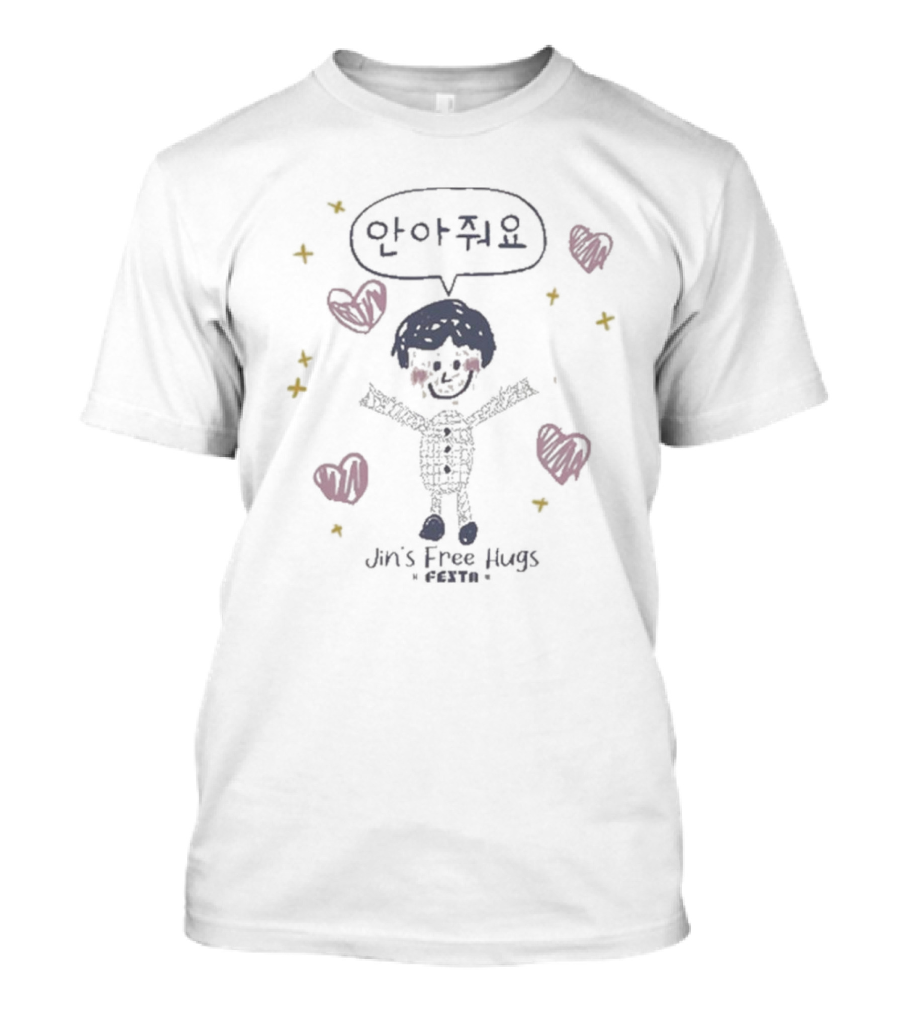 Murisan Jin's Free Hugs Festa 2024 Cartoon Character With Heart And Star Motifs T-Shirt