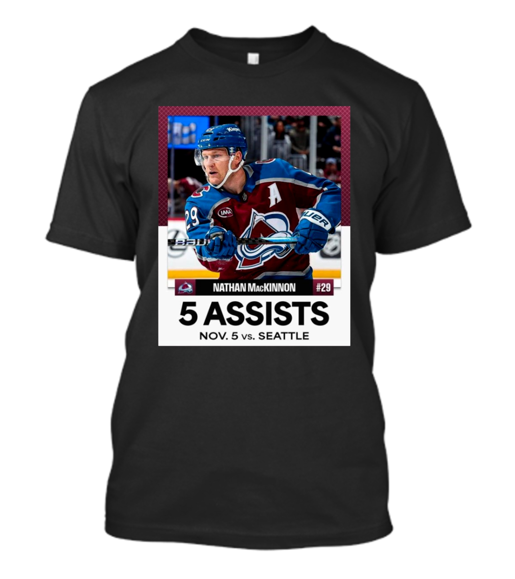 Nathan MacKinnon 5 Assists Nov 5 Vs Seattle Colorado Avalanche NHL #29 T-Shirt