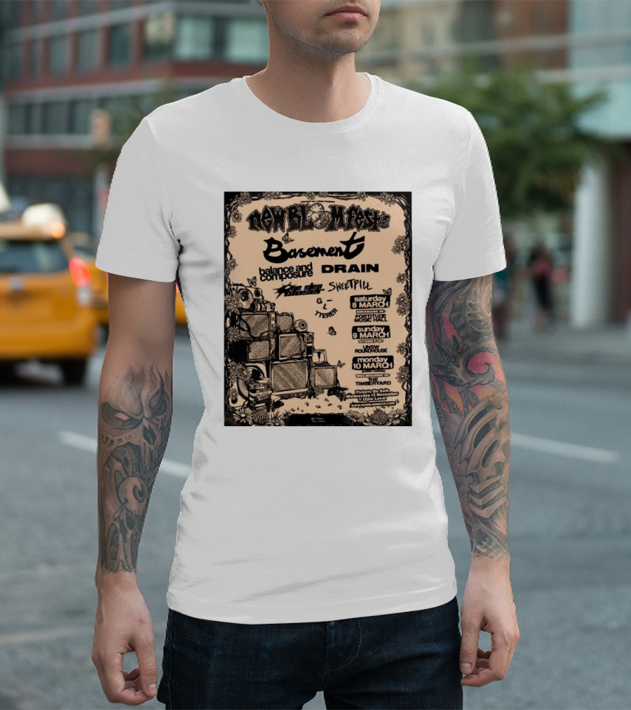 New Bloom Fest 2025 Basement Balance And Composure Drain Turnover Live Concert March 8-10 T-Shirt
