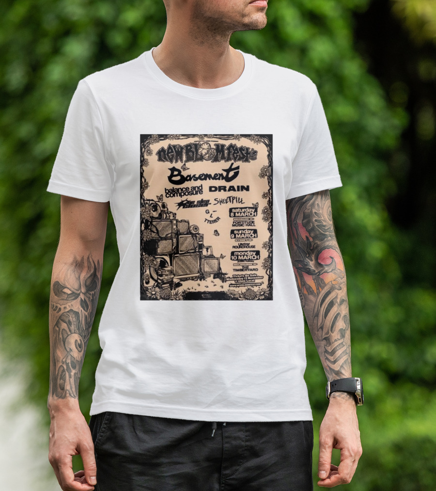 New Bloom Fest 2025 Basement Balance And Composure Drain Turnover Live Concert March 8-10 T-Shirt