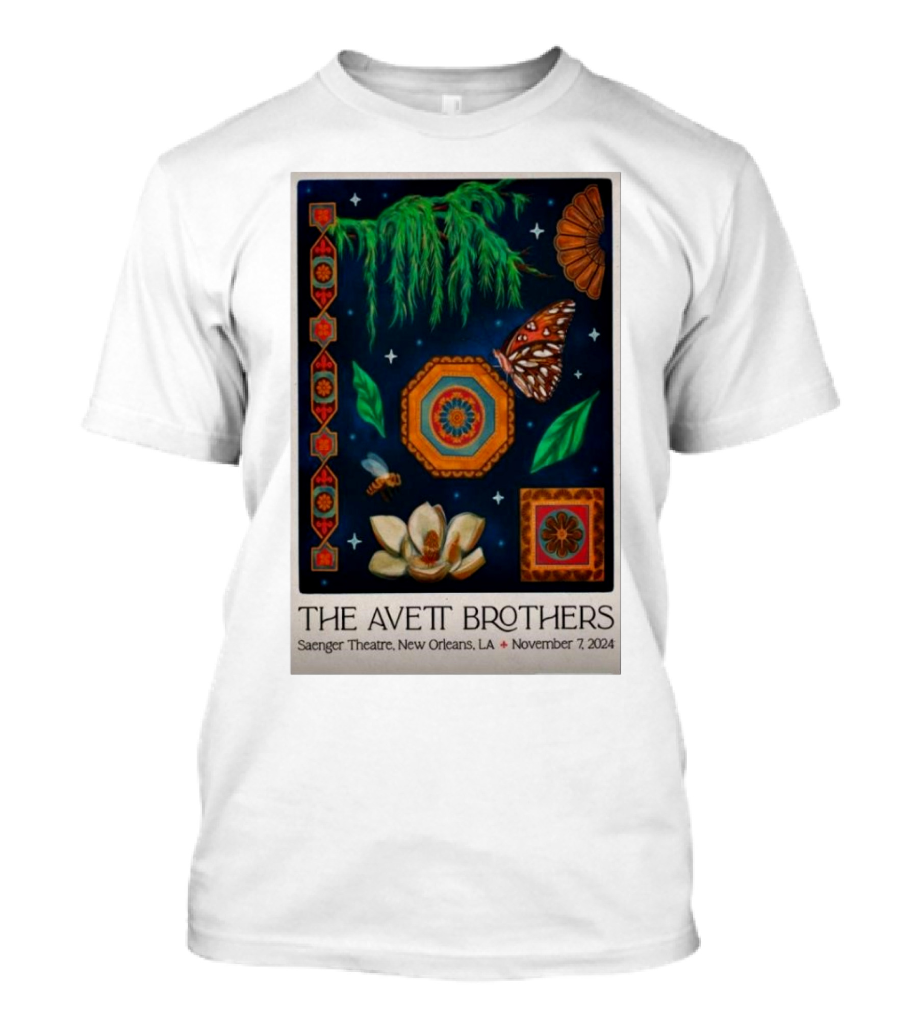The Avett Brothers Saenger Theatre New Orleans November 7 2024 Tour Poster With Butterfly And Magnolia Elements T-Shirt