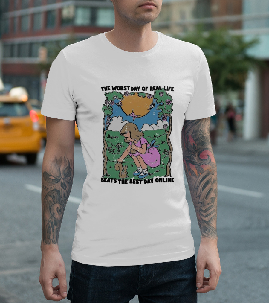 The Worst Day Of Real Life Beats The Best Day Online Vintage Illustration with Girl and Puppy T-Shirt