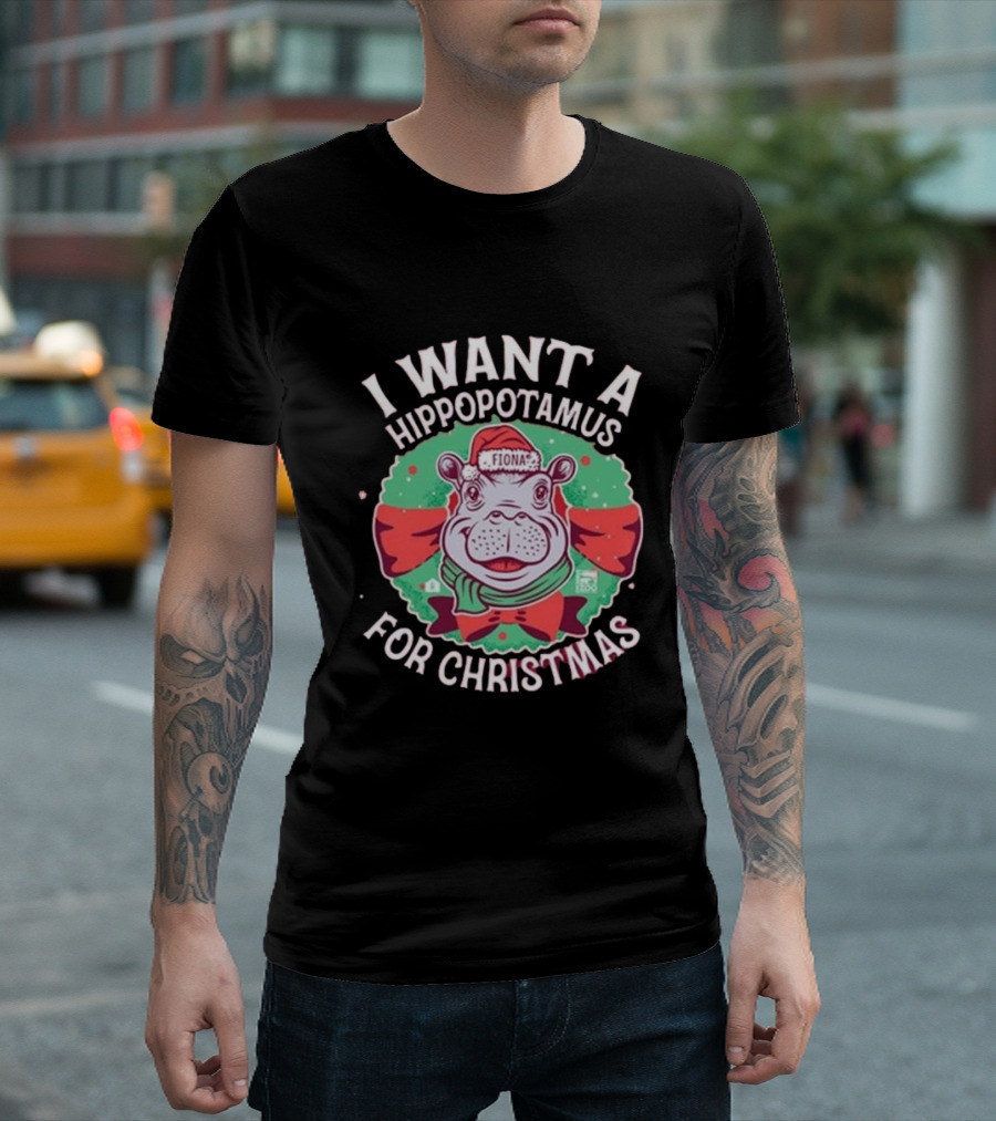I Want a Hippopotamus for Christmas Fiona Cincinnati Red Bow T-Shirt