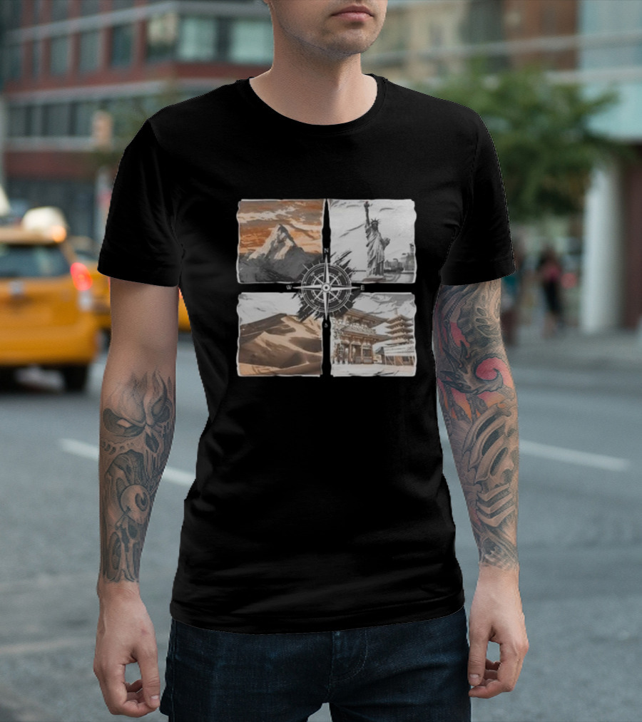 Dads Being Dudes Live Your Life Vintage Mountain Dunes Statue of Liberty Pagoda Compass T-Shirt