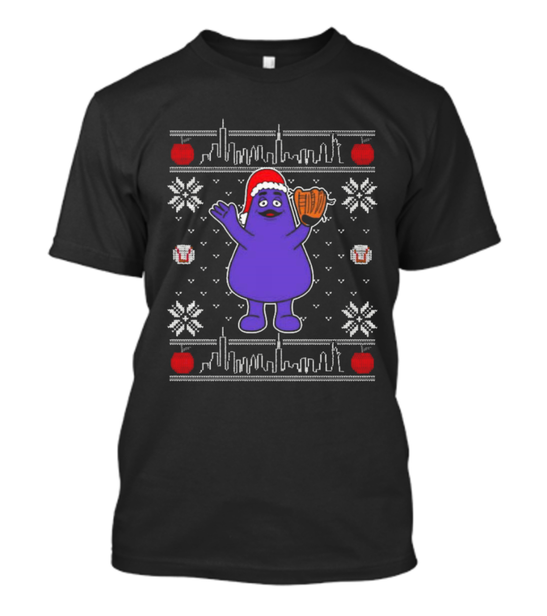 Grimace Christmas 2024 Ugly Sweater Skyline Snowflakes Santa Hat Purple Character T-Shirt