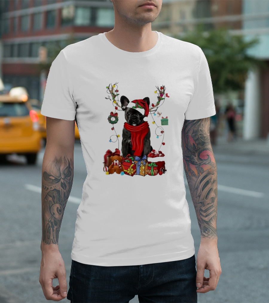 French Bulldog with Santa Hat Reindeer Antlers Xmas Lights and Gifts Merry Christmas T-Shirt
