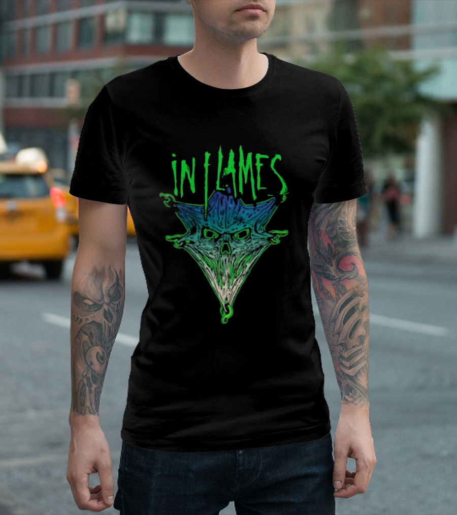 In Flames Pierced Jester Skull Face T-Shirt