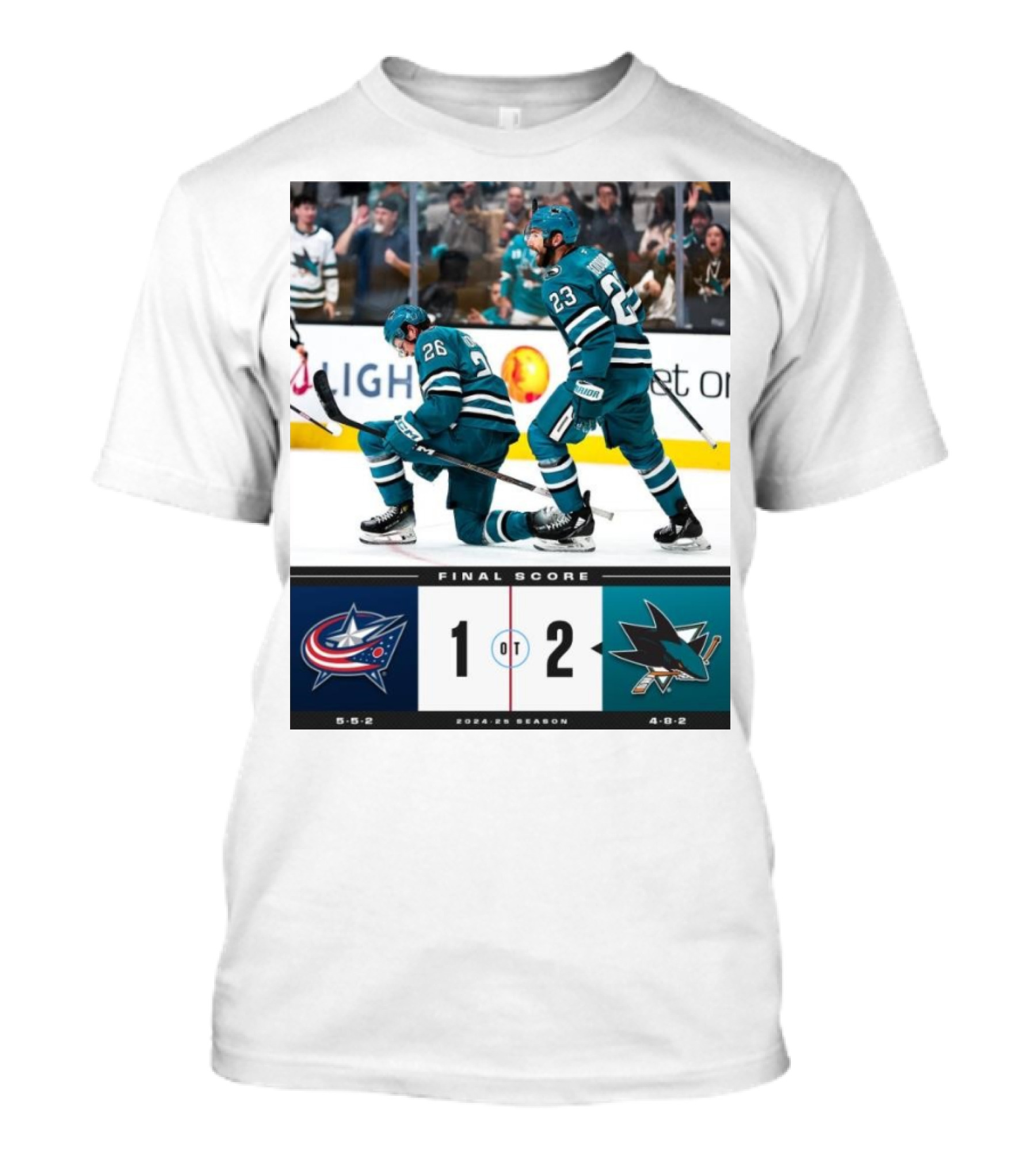 NHL Final Score Columbus Blue Jackets 1 San Jose Sharks 2 OT 2024-25 Season T-Shirt
