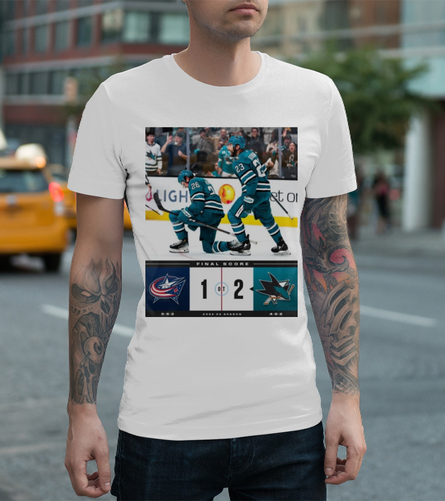 NHL Final Score Columbus Blue Jackets 1 San Jose Sharks 2 OT 2024-25 Season T-Shirt