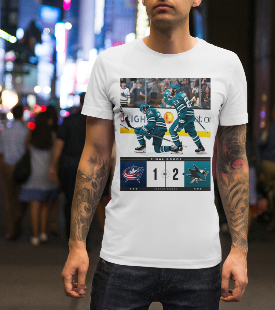 NHL Final Score Columbus Blue Jackets 1 San Jose Sharks 2 OT 2024-25 Season T-Shirt