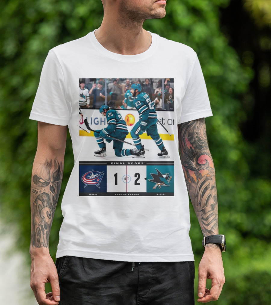 NHL Final Score Columbus Blue Jackets 1 San Jose Sharks 2 OT 2024-25 Season T-Shirt