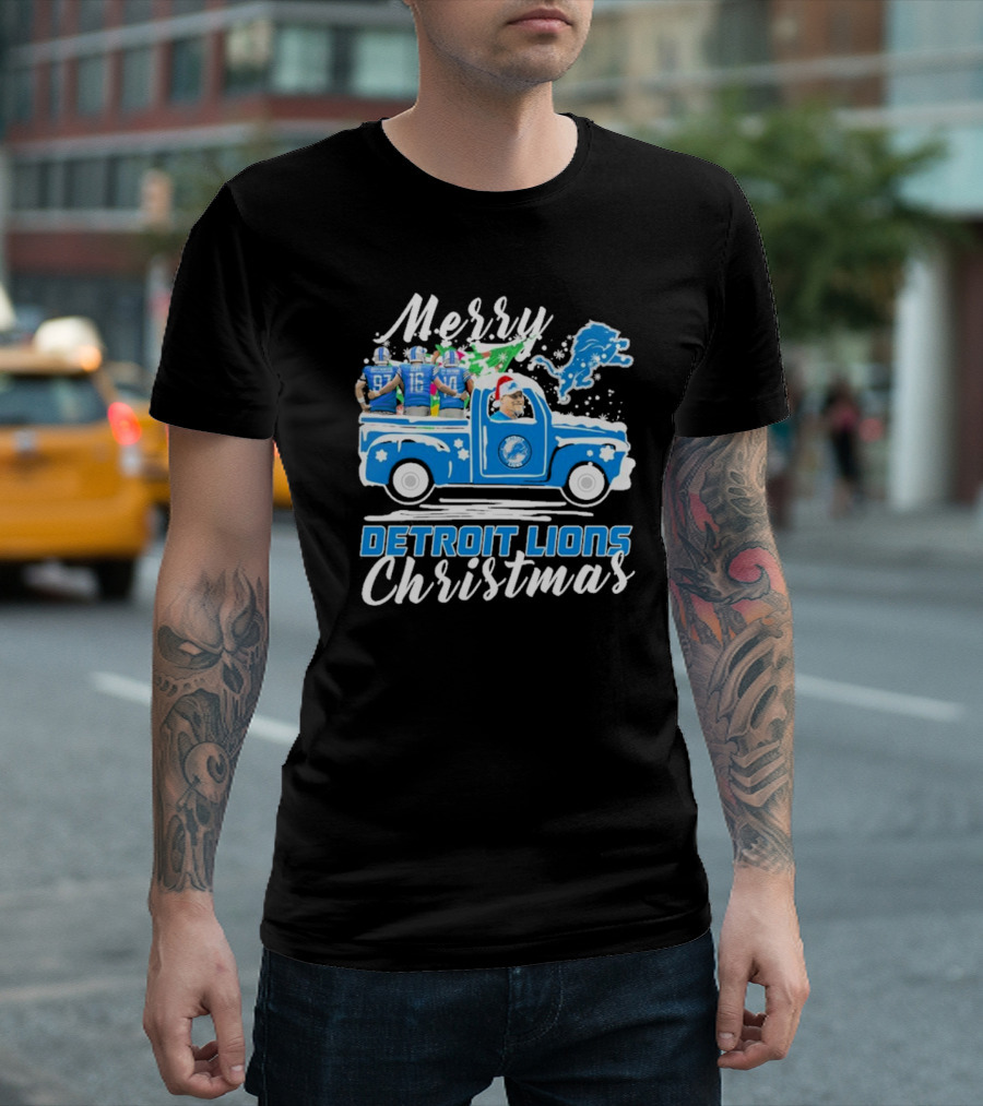 Merry Detroit Lions Christmas with David Montgomery Jared Goff Amon-Ra St. Brown T-Shirt