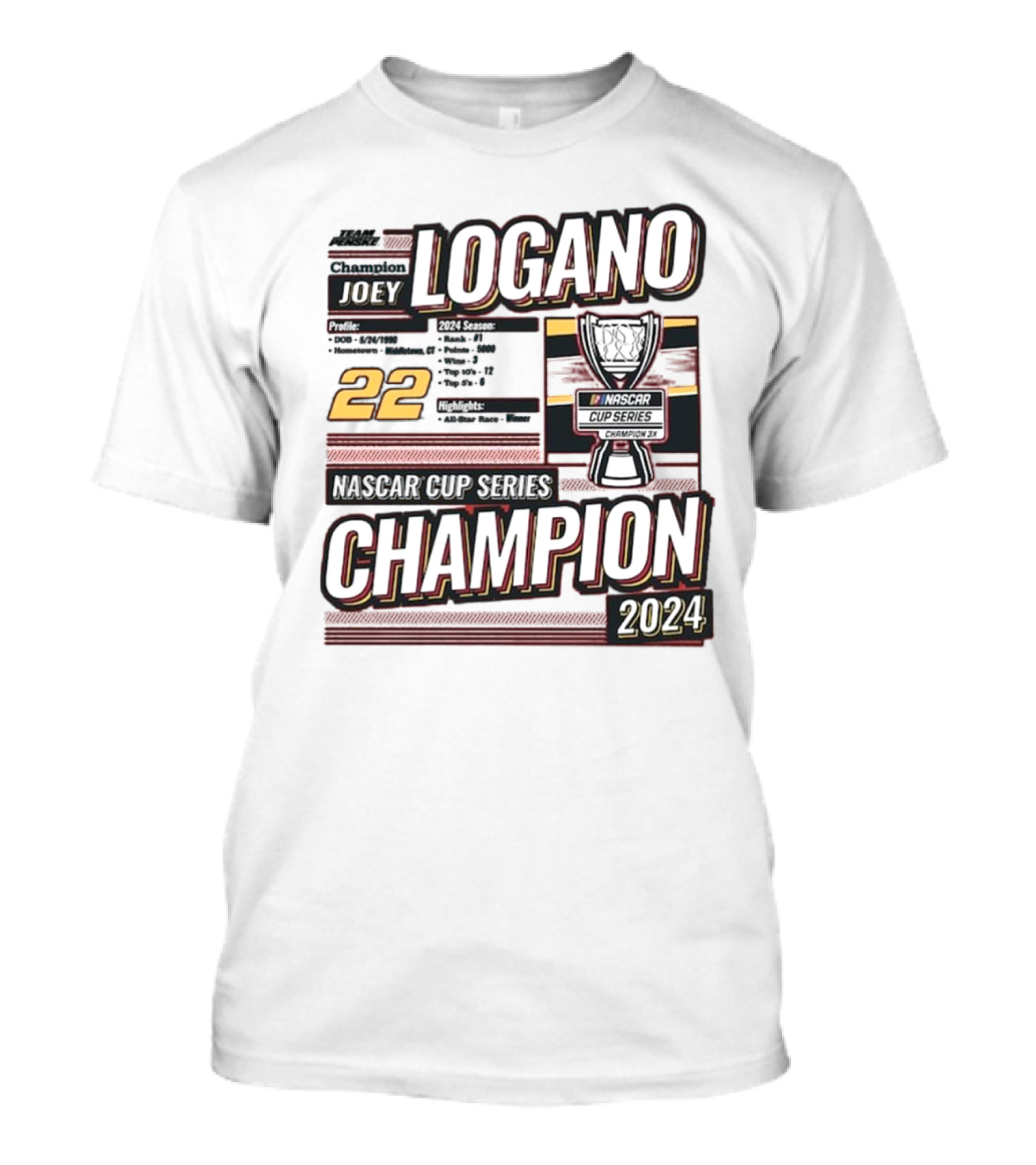 Team Penske Joey Logano 2024 NASCAR Cup Series Champion 22 Profile Highlights Trophy T-Shirt