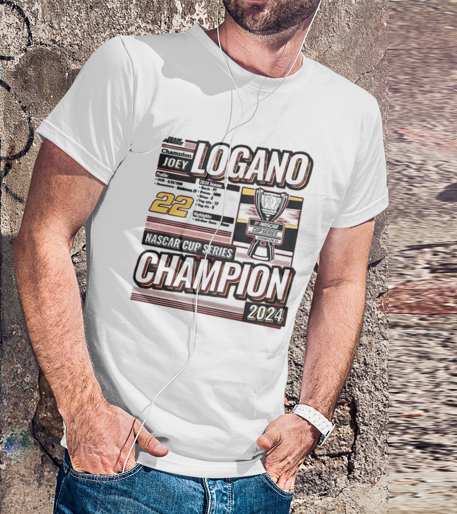 Team Penske Joey Logano 2024 NASCAR Cup Series Champion 22 Profile Highlights Trophy T-Shirt