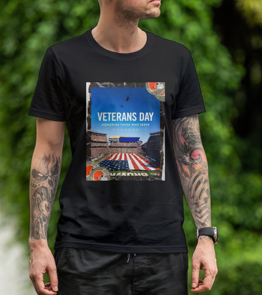 Cleveland Browns Veterans Day Honoring Those Who Serve Stadium Flyover American Flag T-Shirt