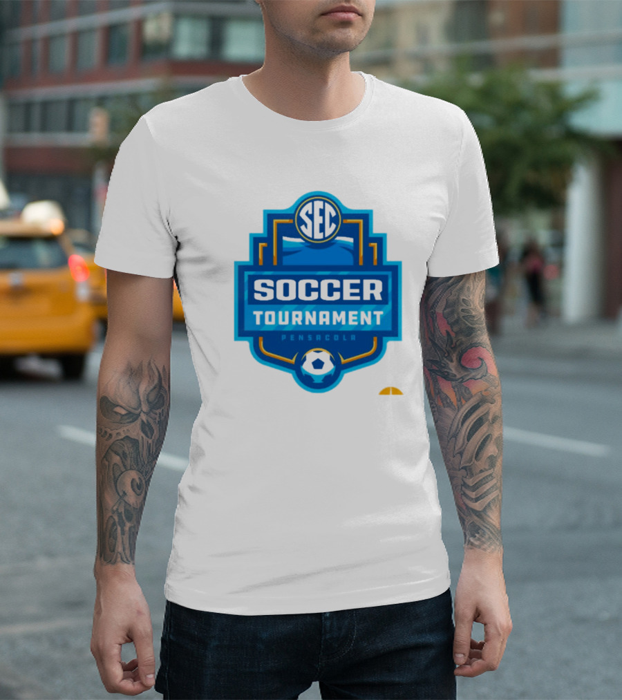 SEC Soccer Tournament Pensacola 2024 Emblem with Blue and Yellow Soccer Ball T-Shirt