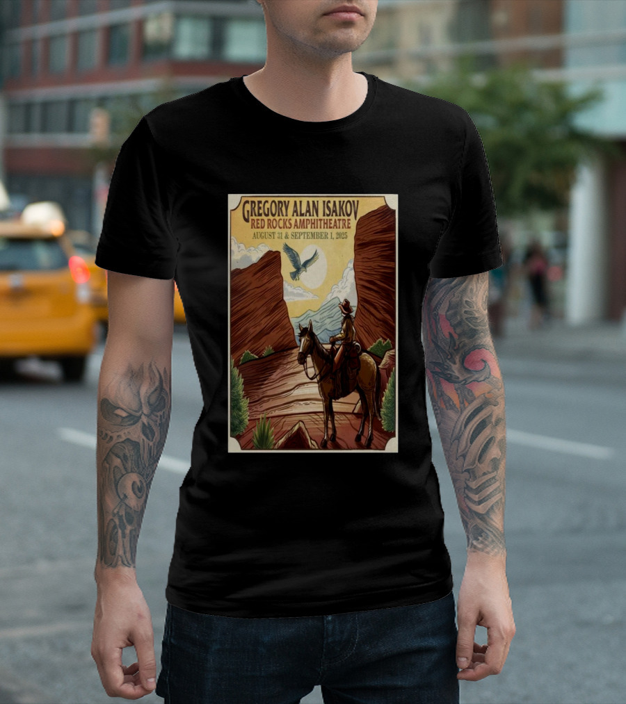 Gregory Alan Isakov Red Rocks Amphitheatre August 31 September 1 2025 Cowboy Scene With Eagle And Mountains T-Shirt