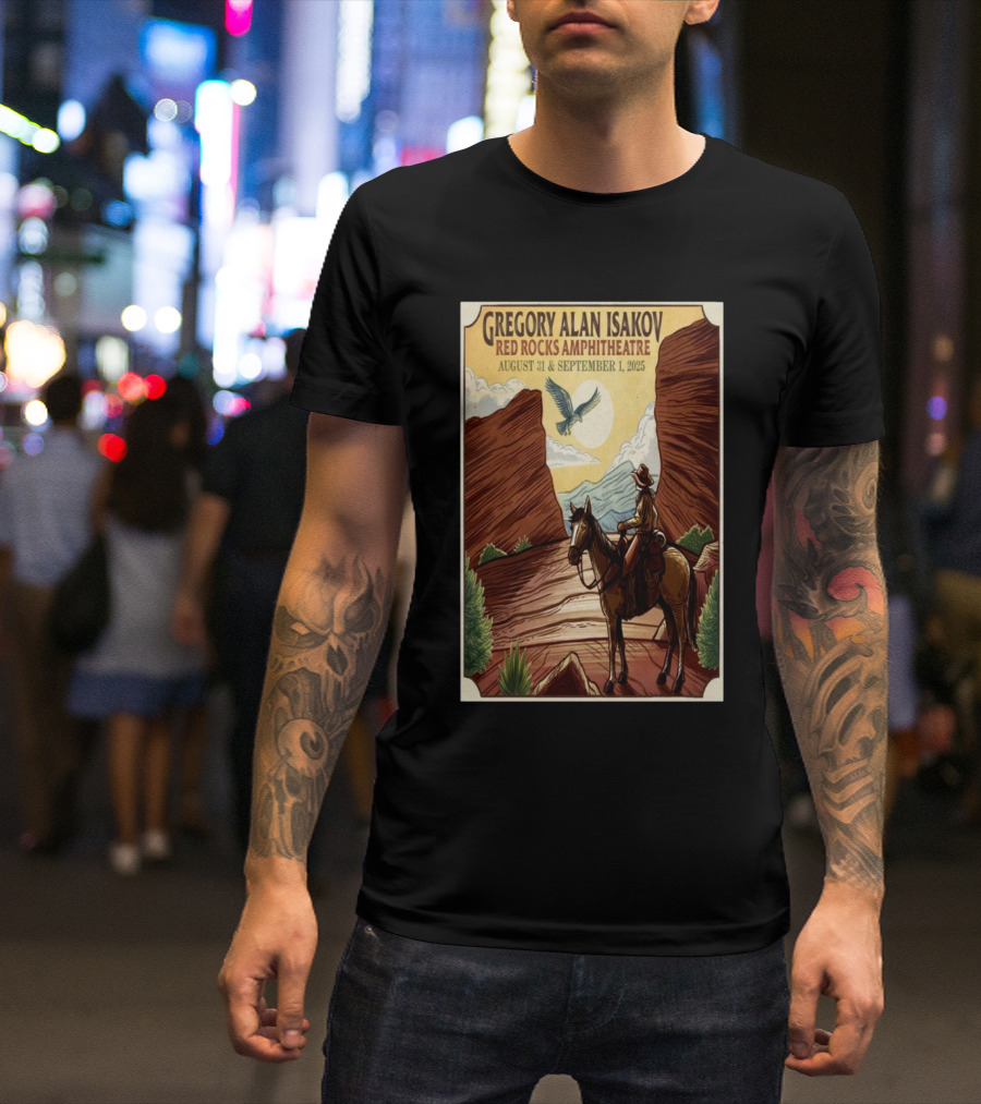 Gregory Alan Isakov Red Rocks Amphitheatre August 31 September 1 2025 Cowboy Scene With Eagle And Mountains T-Shirt