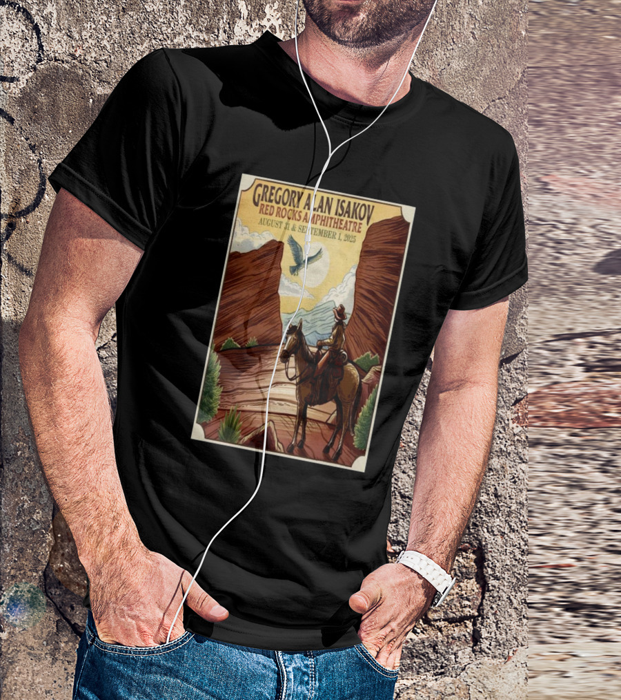 Gregory Alan Isakov Red Rocks Amphitheatre August 31 September 1 2025 Cowboy Scene With Eagle And Mountains T-Shirt