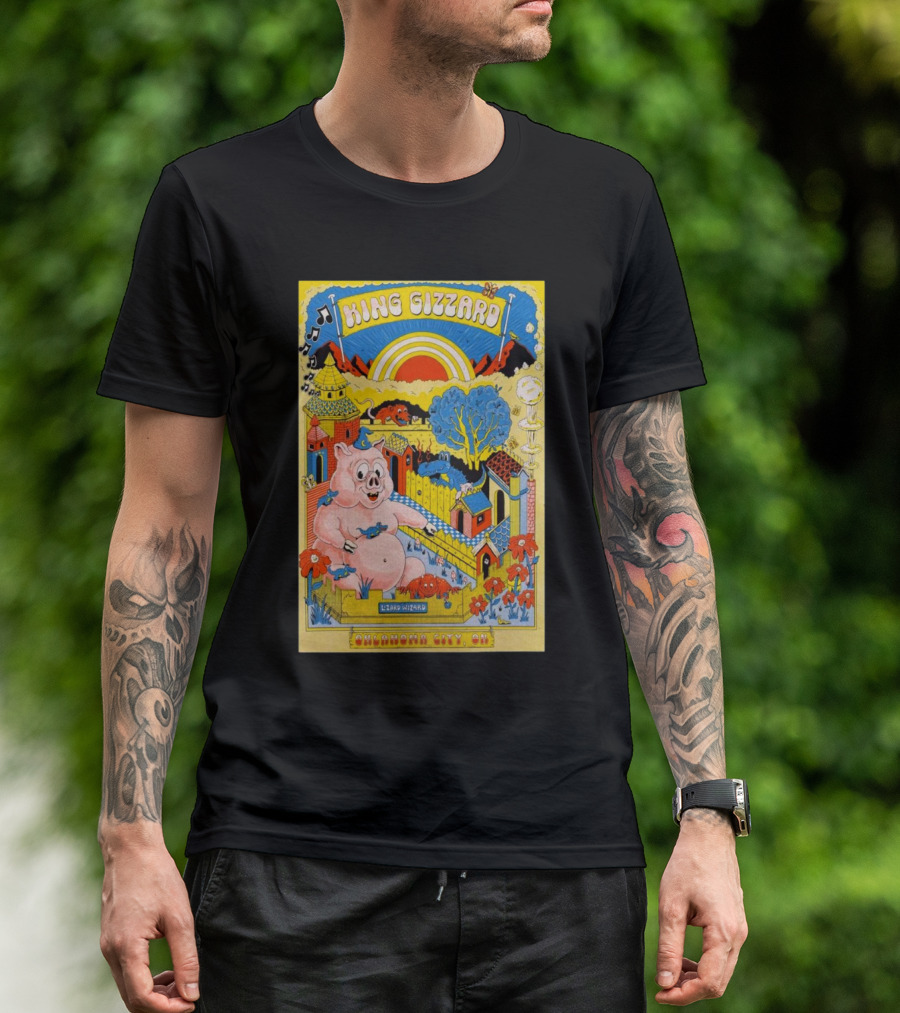 King Gizzard Oklahoma City OK The Criterion November 12 2024 Vibrant Cartoon Pig And Psychedelic Landscape T-Shirt