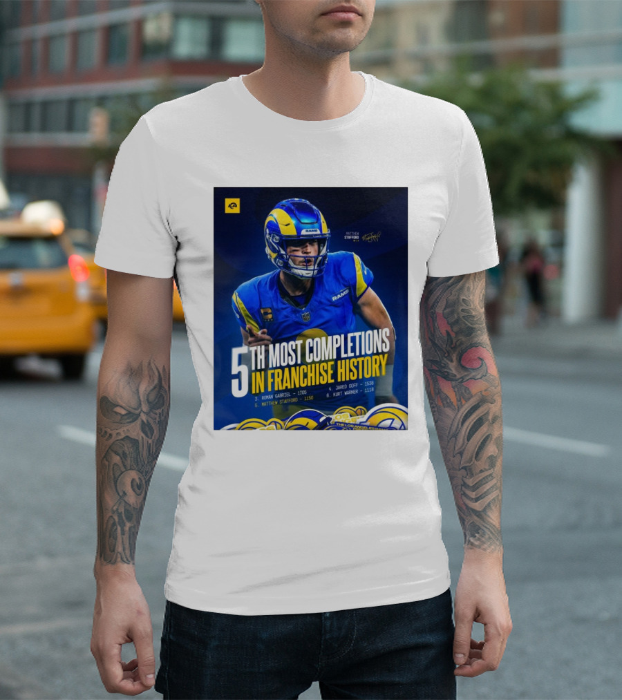 Matthew Stafford Rams 5th Most Completions In Franchise History Signature T-Shirt