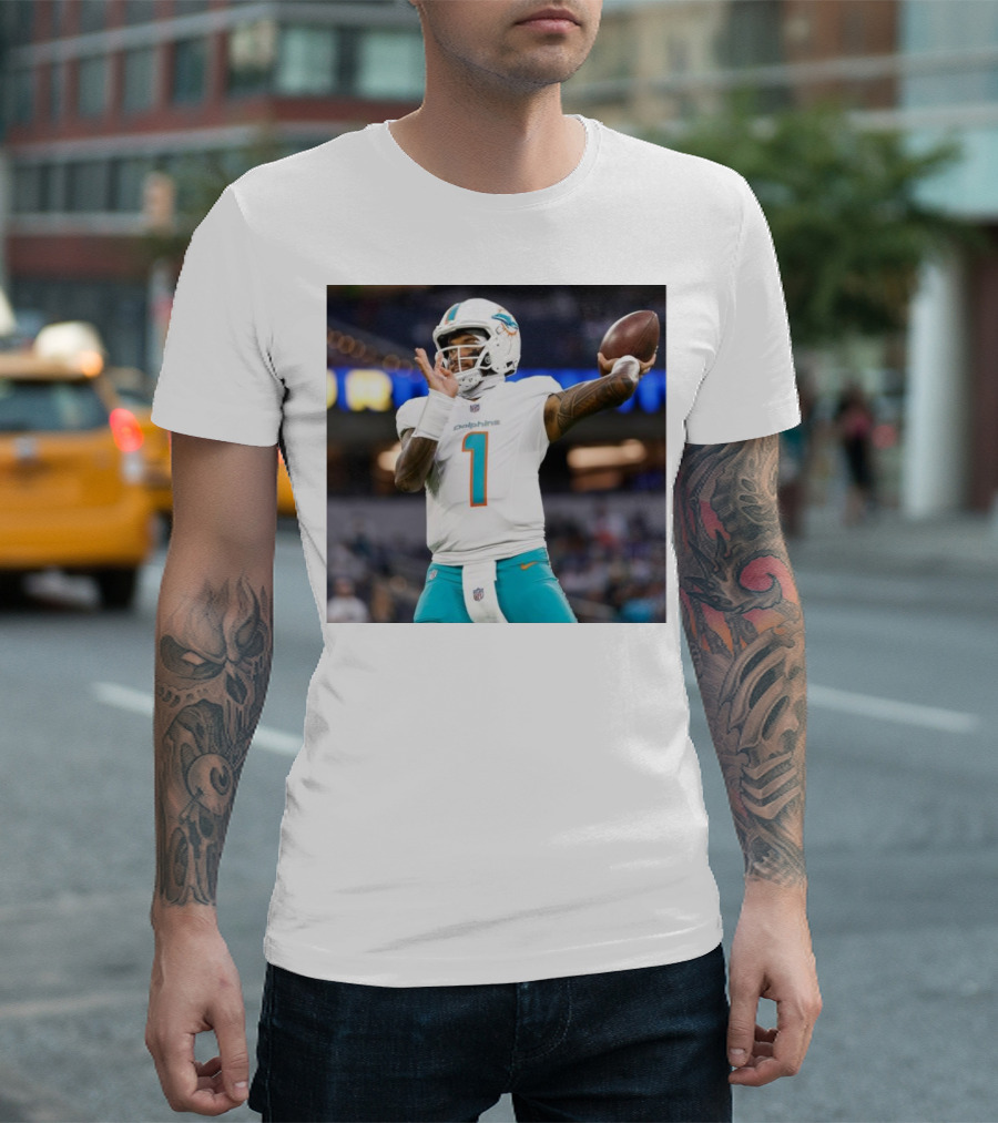 Miami Dolphins Tua Tagovailoa Football Action Win on the Road Primetime Victory T-Shirt