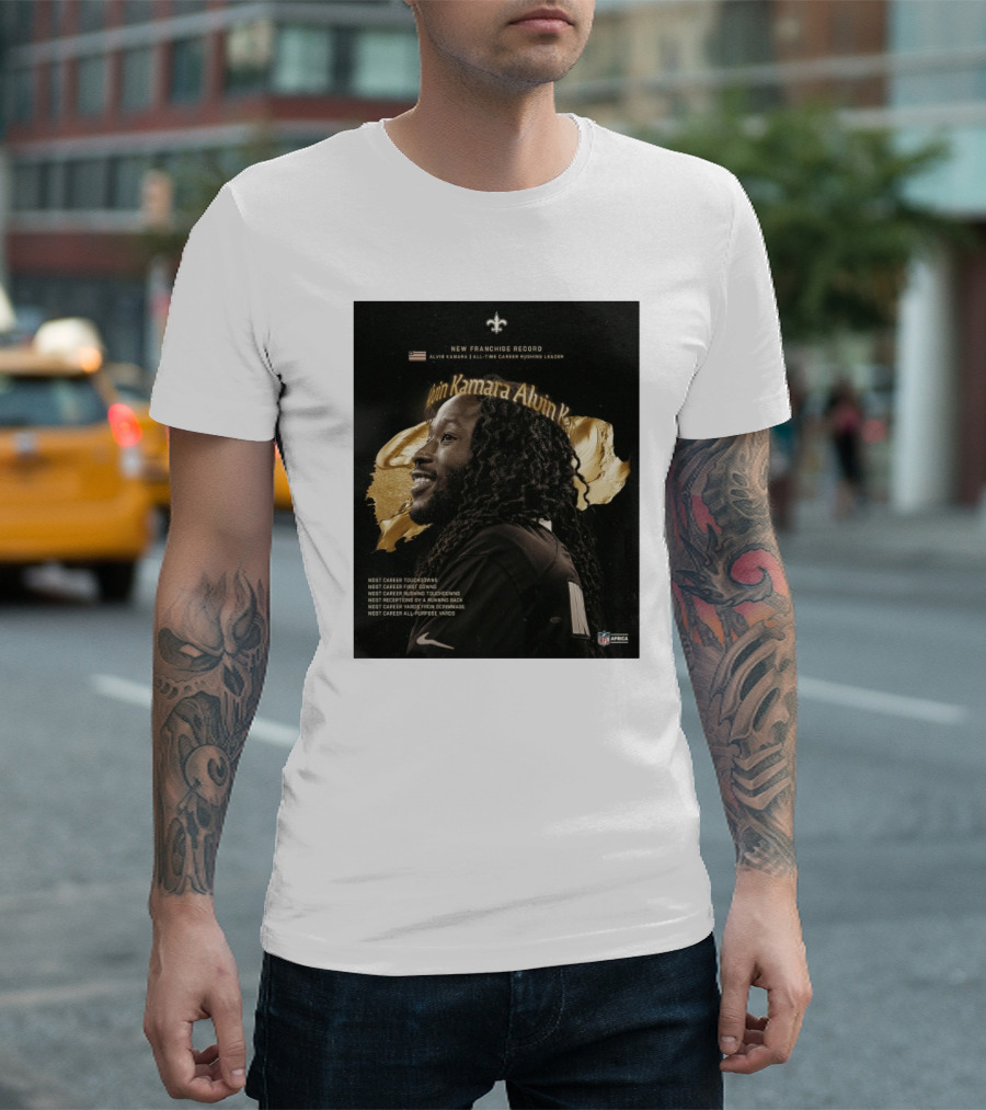 New Franchise Record Alvin Kamara All-Time Career Rushing Leader Most Career Touchdowns New Orleans Saints NFL T-Shirt