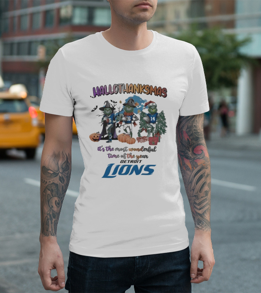 Detroit Lions Hallothanksmas Grinch It's the Most Wonderful Time of the Year T-Shirt