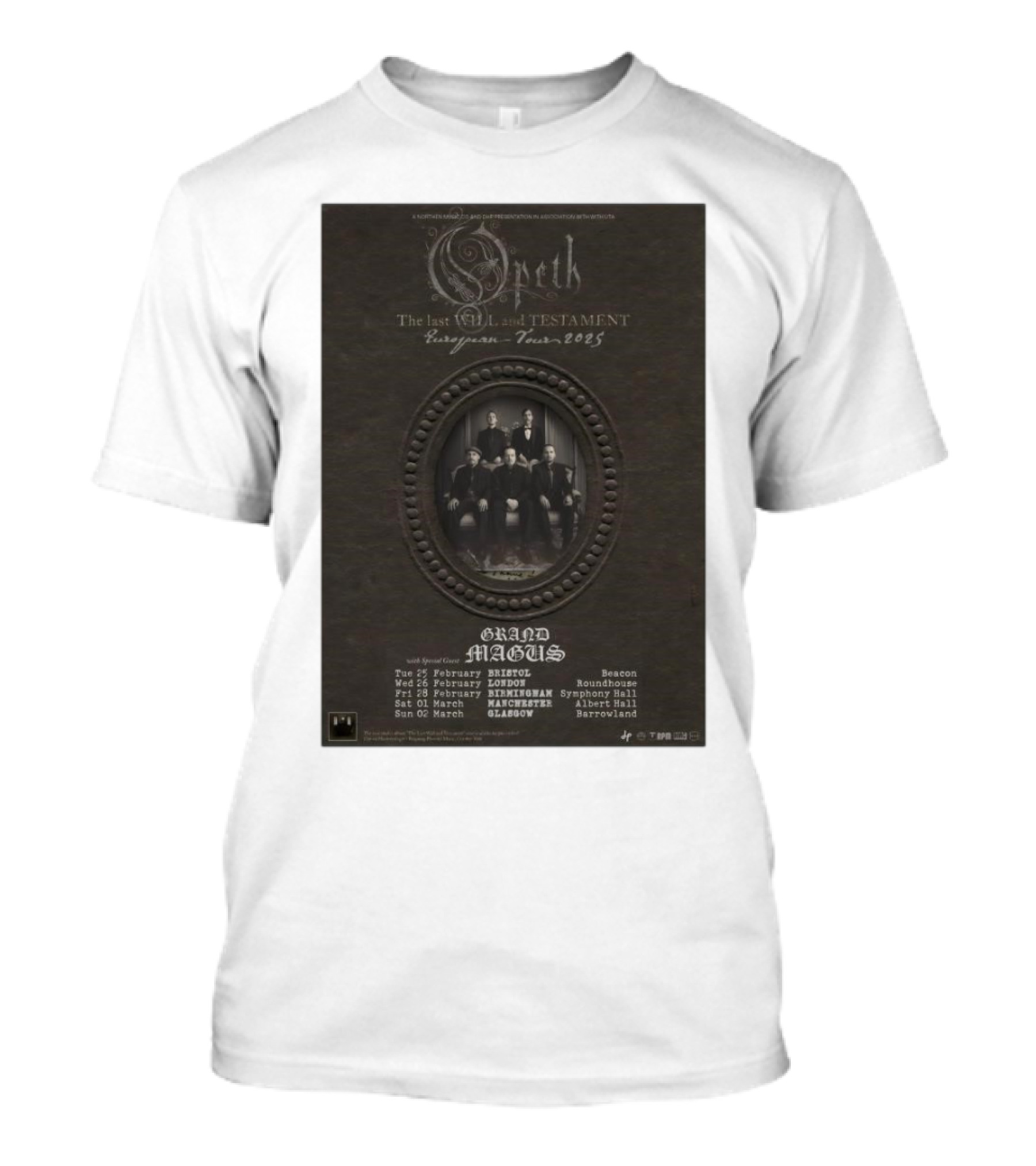 Opeth The Last Will And Testament European Tour 2025 Grand Magus Concert Poster Bristol London Birmingham Manchester Glasgow T-Shirt