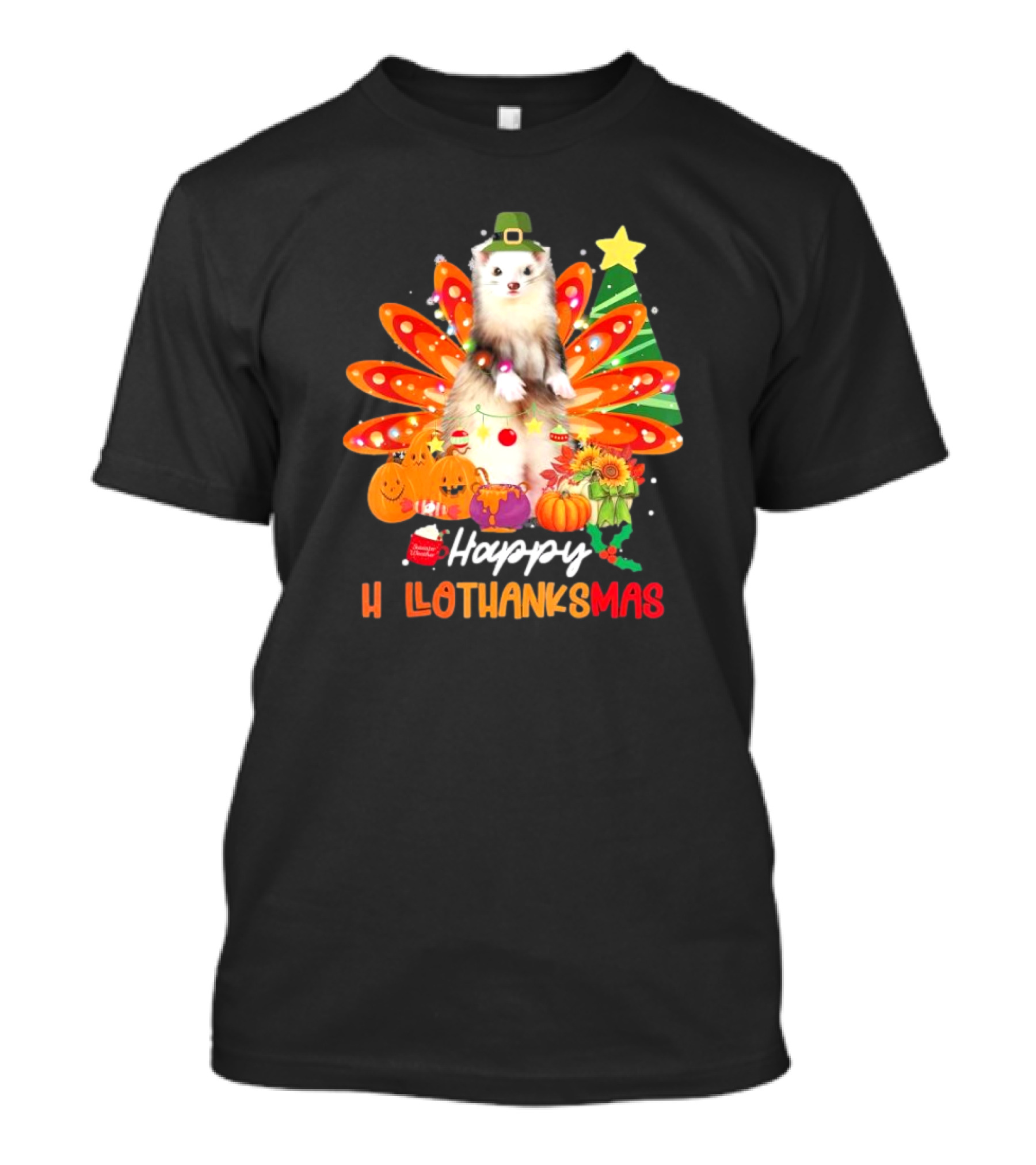 Ferret Happy Hallothanksmas Halloween Thanksgiving Christmas Holiday T-Shirt